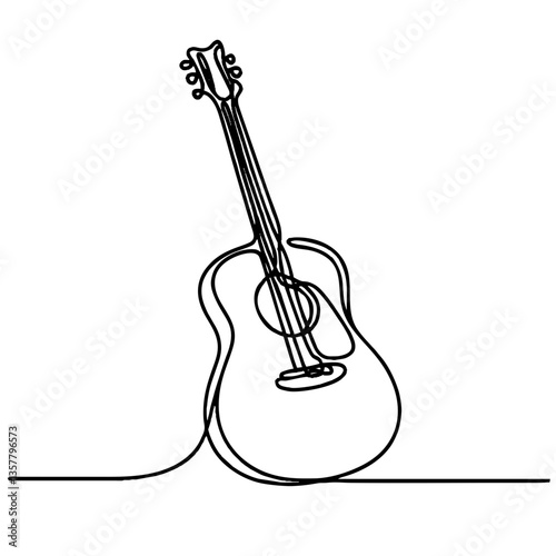 Single-line art of an acoustic guitar standing against a blank background, minimalist design representing music creation and artistic expression concept of music schools or shops