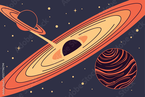 29 Space scene, black hole, cosmic event, swirling energy, celestial phenomenon, dark planet, fiery accretion disk, glowing particles, galactic vortex, astronomical illustration, stellar explosion, co