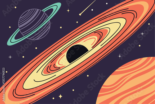 29 Space scene, black hole, cosmic event, swirling energy, celestial phenomenon, dark planet, fiery accretion disk, glowing particles, galactic vortex, astronomical illustration, stellar explosion, co