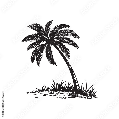 Black and white illustration vintage botanical drawing palm tree