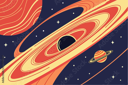 29 Space scene, black hole, cosmic event, swirling energy, celestial phenomenon, dark planet, fiery accretion disk, glowing particles, galactic vortex, astronomical illustration, stellar explosion, co
