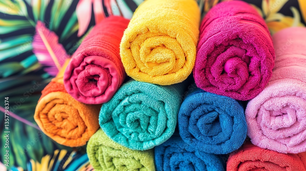Pile of vibrant beach towels rolled and displayed neatly on a tropical themed background Pile of vibrant beach towels rolled and displayed neatly on a tropical themed background