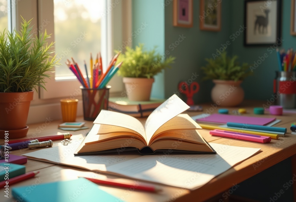 open book surrounded colorful stationery tools pencils notebooks paper clips highlighters scissors writing instruments artistic workspace, drawing, supply open book surrounded colorful stationery tools pencils notebooks paper clips highlighters scissors writing instruments artistic workspace, drawing, supply