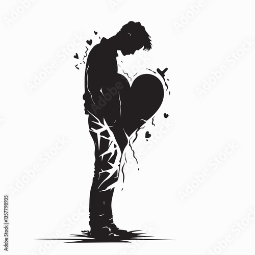 A Young Man Bowing His Head in Sorrow, Gazing at His Broken Heart Shattered by Love Vector