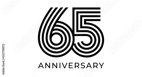 65th anniversary sign, striped geometrical number 65 for greeting card, birthday event design, business marketing materials, wedding jubilee logo. Vector illustration