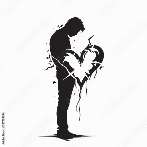 Heartbroken Young Man Looking Down at His Shattered Heart in Deep Sadness Vector