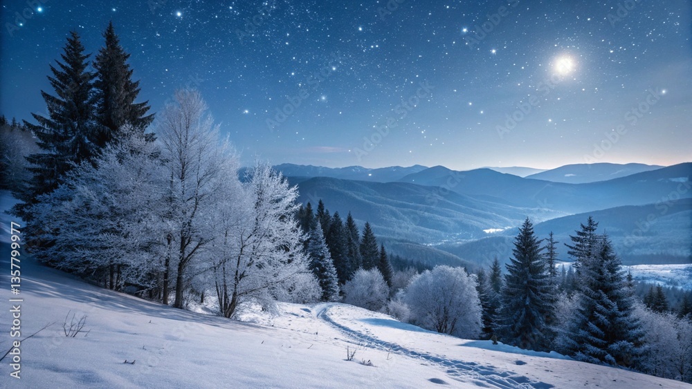Fototapeta premium Moonlit Winter Wonderland — Starry Night Over Snowy Mountains