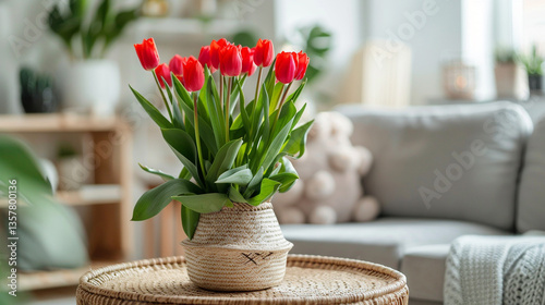 beautiful tulips in vase on table in living room