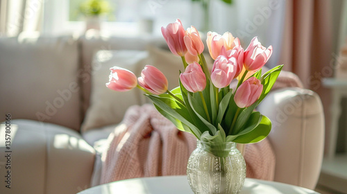 beautiful tulips in vase on table in living room
