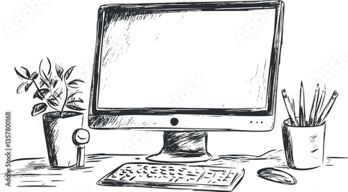Black and white sketch of a desktop computer with office supplies.