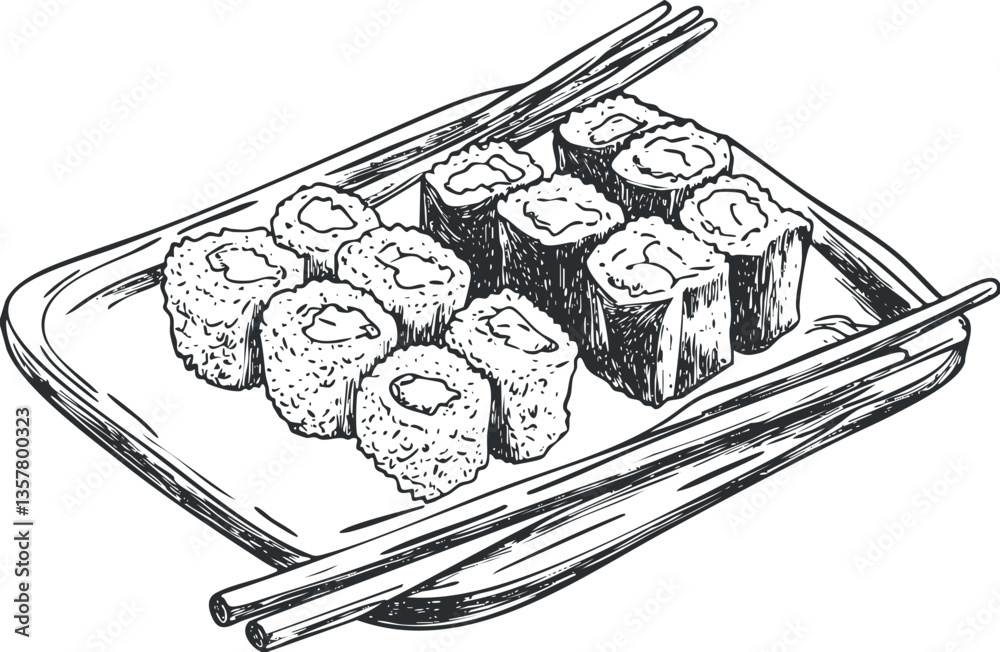 Black and white illustration of sushi rolls with chopsticks on a platter.