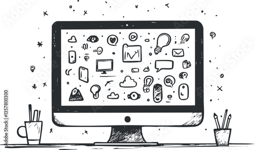 Computer screen with doodle icons representing digital technology and communication.