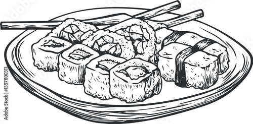 Hand-drawn illustration of assorted sushi on a plate with chopsticks.