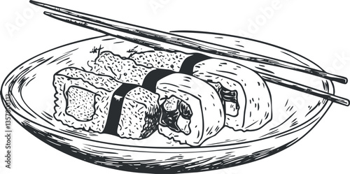 Black and white illustration of sushi rolls with chopsticks on a plate.
