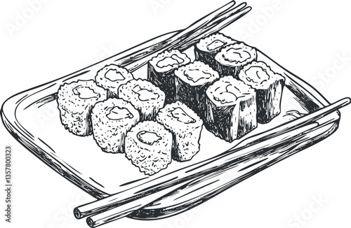 Black and white illustration of sushi rolls with chopsticks on a platter.