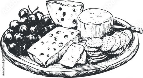 Black and white illustration of a cheese and grape platter with crackers.