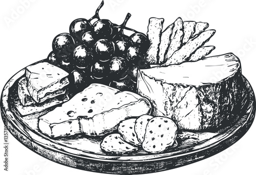 Monochrome illustration of cheese, grapes, and crackers on a wooden platter.