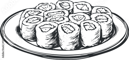 Black and white illustration of sushi rolls on a plate.