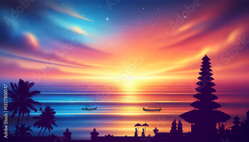 Vector magical Bali sunset with palm trees and temple silhouette with traditional boats on colorful tropical seascape background