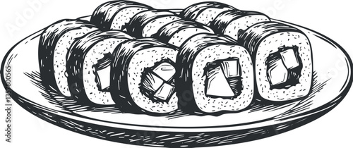 Monochrome illustration of sushi rolls on a plate, showcasing Japanese cuisine.