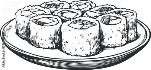 Black and white illustration of sushi rolls on a plate.