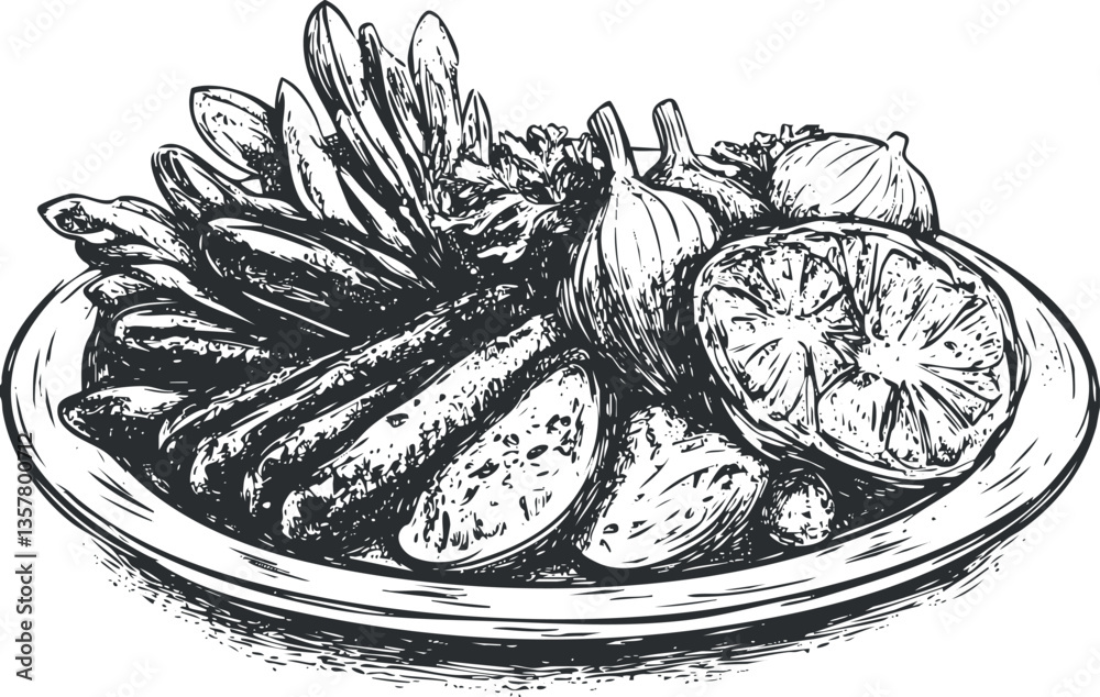 Obraz premium Black and white sketch of assorted fruits and vegetables on a plate.