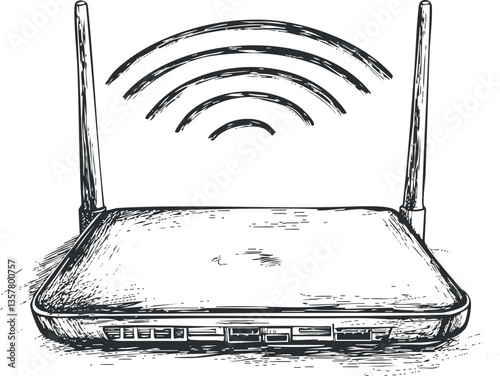 Illustration of a wireless router emitting WiFi signal with antennas.