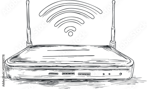 Illustration of a wireless router with antennas and Wi-Fi signal icon.