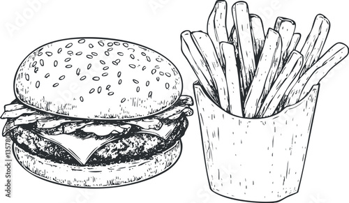 Hand-drawn sketch of a burger and fries, classic fast food illustration.