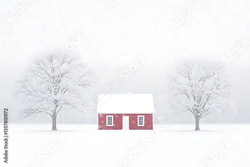 Red cabin with snowy landscape, and winter.