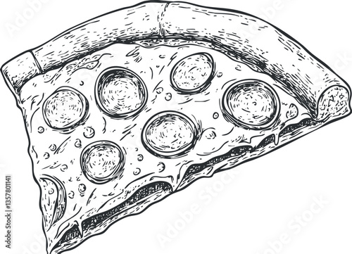 Hand-drawn pepperoni pizza slice illustration in black and white.