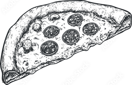 Black and white sketch of a pepperoni pizza slice with cheese.