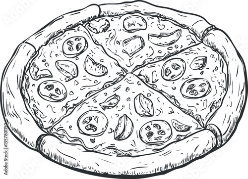 Hand-drawn pizza sketch with cheese, tomatoes, and pepperoni slices.