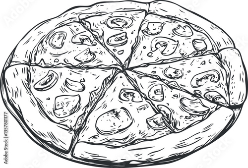 Hand-drawn sketch of a pizza with various toppings and slices.