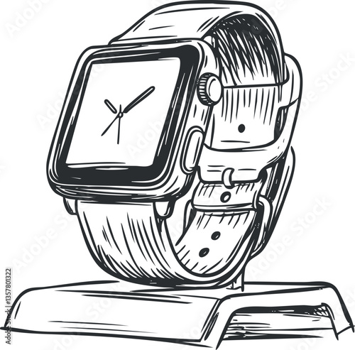 Hand-drawn illustration of a smartwatch on a stand, showcasing modern design.