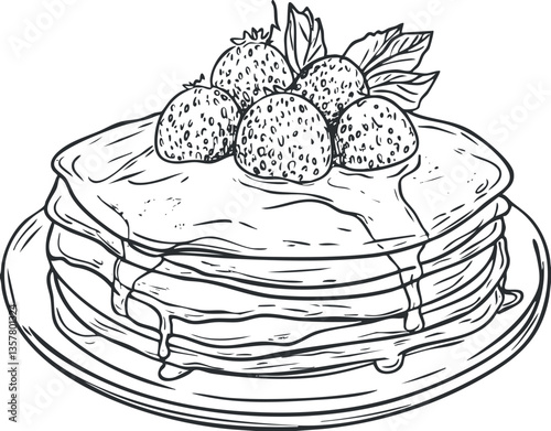 Illustration of pancakes with strawberries and syrup on a plate.