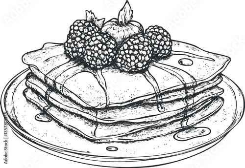 Illustration of pancakes with berries and syrup on a plate.