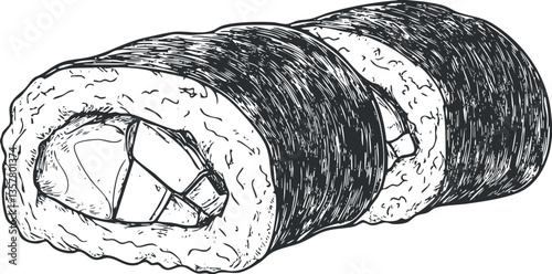 Illustration of sushi rolls in black and white line art style.