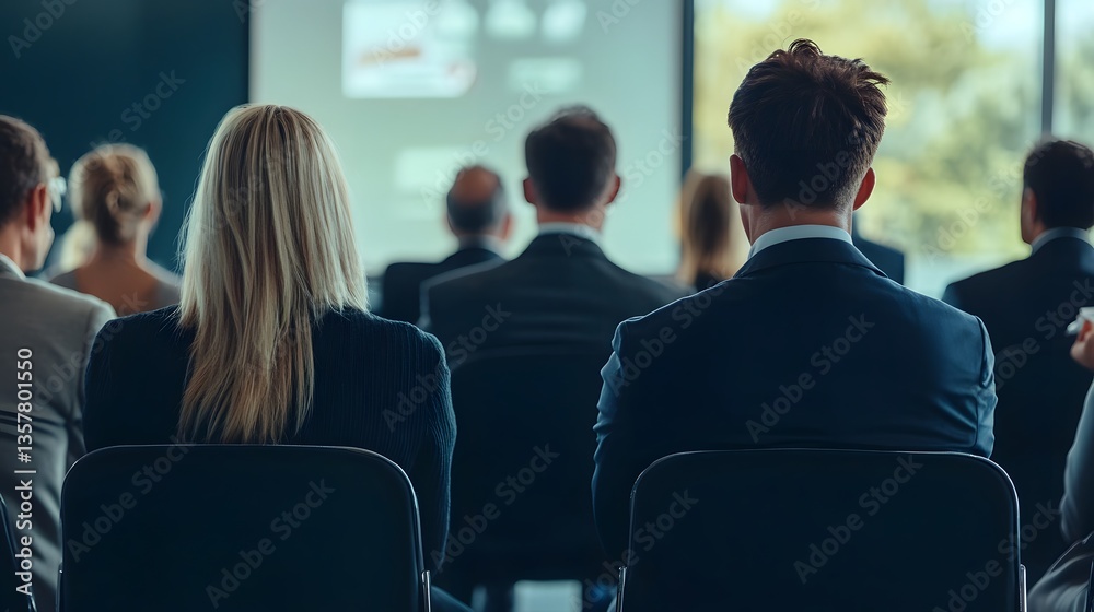 Fototapeta premium Focused Audience: a Business Conference: Capturing the essence of a productive business conference, an audience sits attentively, eyes fixed on the presentation, ready to absorb valuable insights.
