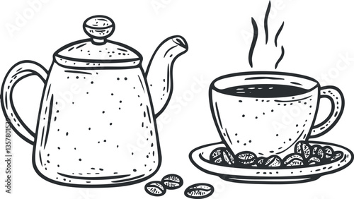 Hand-drawn sketch of a teapot and steaming cup with coffee beans.