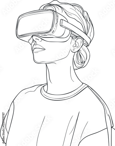 Line art of a woman wearing a virtual reality headset.