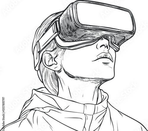 Outlined illustration of a person wearing a virtual reality headset.
