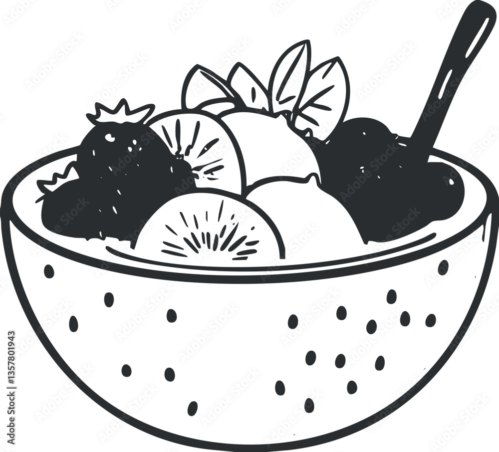 Black and white illustration of a fruit bowl with berries and sliced fruit.