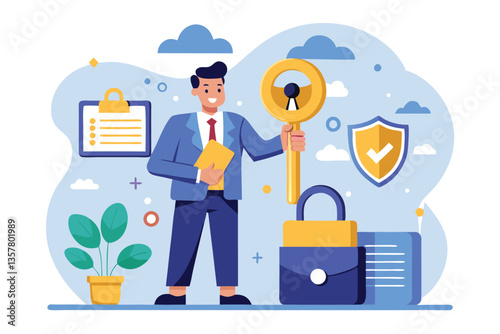 Business professional, data security, key icon, shield icon, clipboard, briefcase, cloud storage, digital protection, flat illustration style, vibrant colors, blue background, metaphorical elements, 