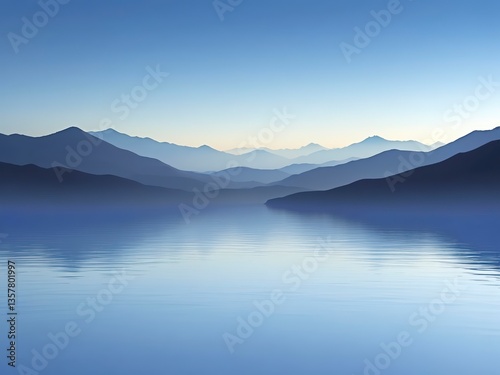 Peaceful mountain landscape with calm water and soft light.