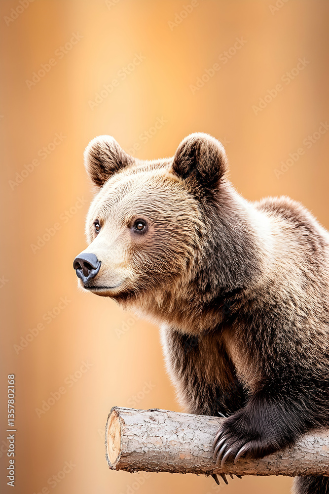 Obraz premium Brown bear cub perched on a log, looking to the side against a blurred orange background
