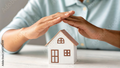 A close-up of a human hand gently shielding a small paper house, symbolizing property insurance, home security, and financial stability, set against a clean, neutral background.
