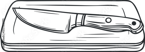 Illustration of a knife on a cutting board in black and white.