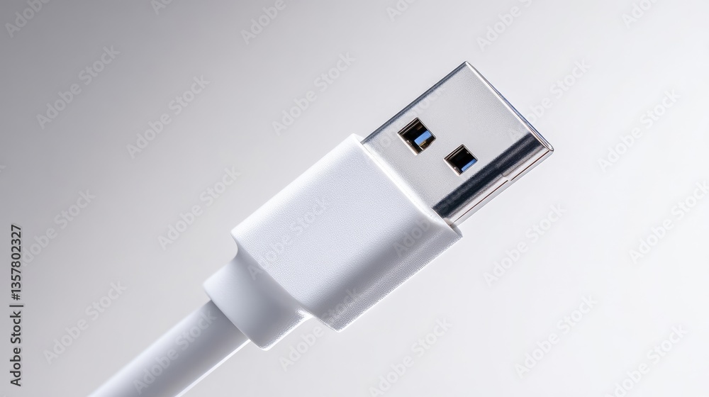 Close-up of a white USB-C connector.  A modern, high-quality USB-C cable end, featuring a glossy white plastic casing and a metallic, polished connector head