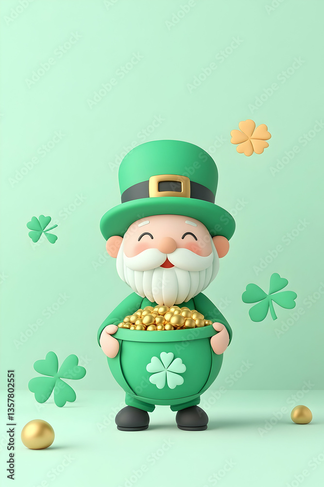 Fototapeta premium Cheerful leprechaun holding pot of gold, surrounded by shamrocks